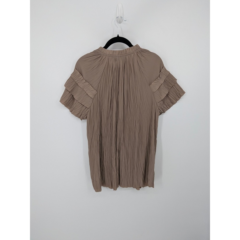 Chicos Blouse Women XL Brown Pleated Ruffle Tiered Sleeve V-Neck Office Top - Picture 3 of 6